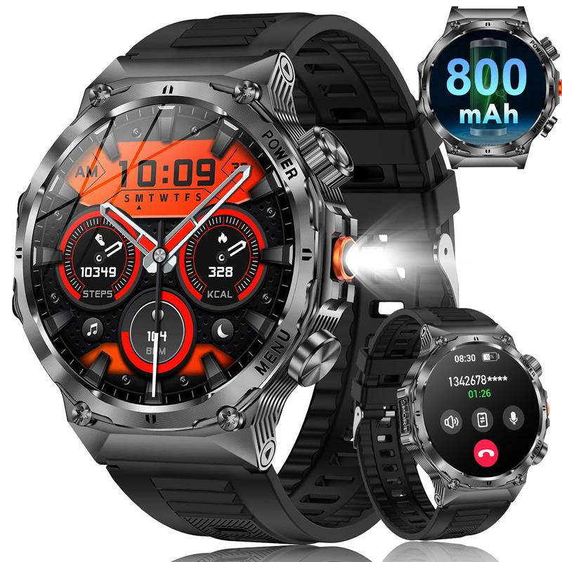 COIUSOR Men'S Military Smartwatch, 800Mah/1.7 Inch AMOLED HD Large Screen Smartwatch, Phone Sync Information, Wireless Call, Flashlight/Multiple Exercise Modes /, Fitness Tracker Watch for Android and Iphone, Black