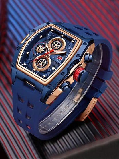 Men'S Sporty Barrel Shaped Quartz Watch, Modern Fashionable Wristwatch, Fashionable Luminous Waterproof Watch with Silicone Strap, Trendy Watch with Date Display Function for Daily Life, with Box