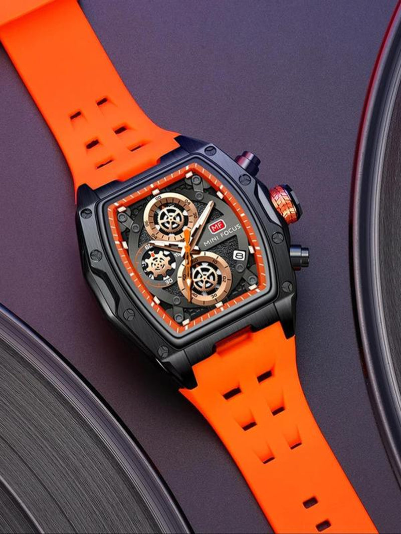 Men'S Sporty Barrel Shaped Quartz Watch, Modern Fashionable Wristwatch, Fashionable Luminous Waterproof Watch with Silicone Strap, Trendy Watch with Date Display Function for Daily Life, with Box
