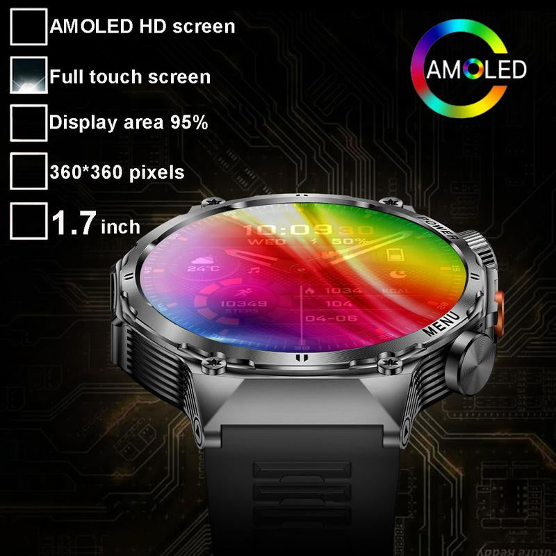 COIUSOR Men'S Military Smartwatch, 800Mah/1.7 Inch AMOLED HD Large Screen Smartwatch, Phone Sync Information, Wireless Call, Flashlight/Multiple Exercise Modes /, Fitness Tracker Watch for Android and Iphone, Black