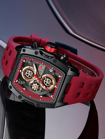 Men'S Sporty Barrel Shaped Quartz Watch, Modern Fashionable Wristwatch, Fashionable Luminous Waterproof Watch with Silicone Strap, Trendy Watch with Date Display Function for Daily Life, with Box