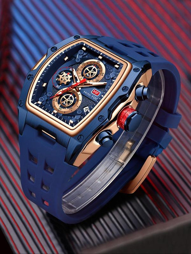 Men'S Sporty Barrel Shaped Quartz Watch, Modern Fashionable Wristwatch, Fashionable Luminous Waterproof Watch with Silicone Strap, Trendy Watch with Date Display Function for Daily Life, with Box
