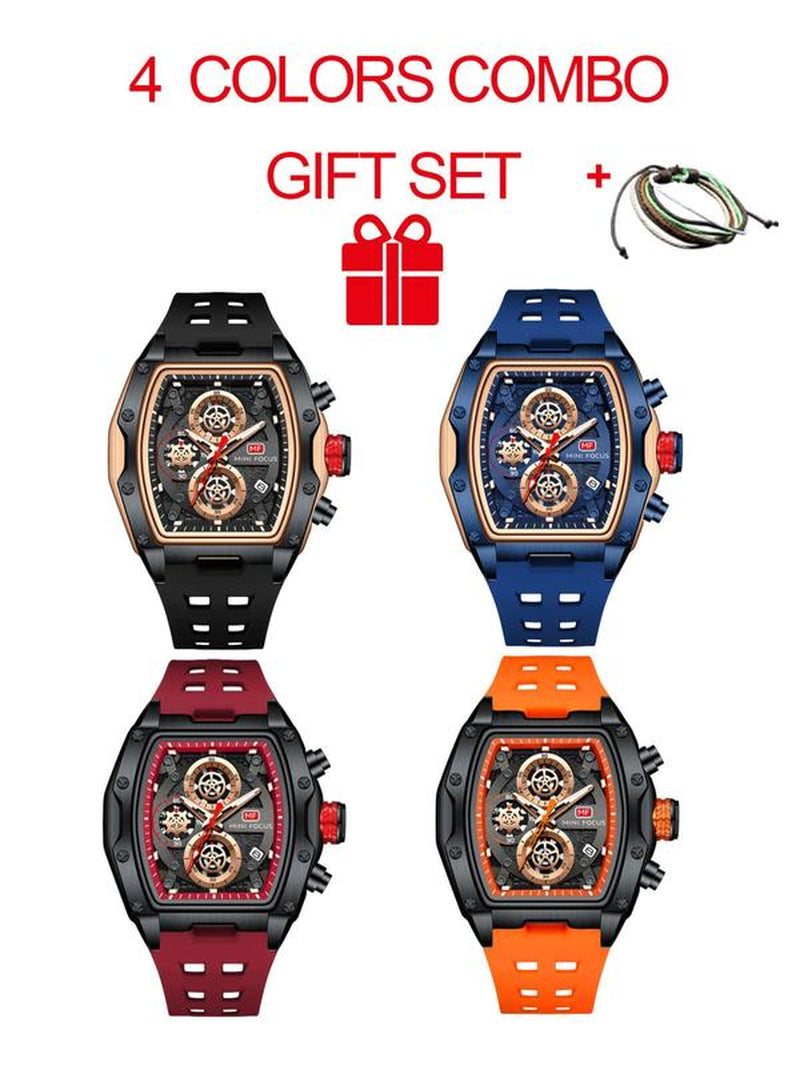 Men'S Sporty Barrel Shaped Quartz Watch, Modern Fashionable Wristwatch, Fashionable Luminous Waterproof Watch with Silicone Strap, Trendy Watch with Date Display Function for Daily Life, with Box