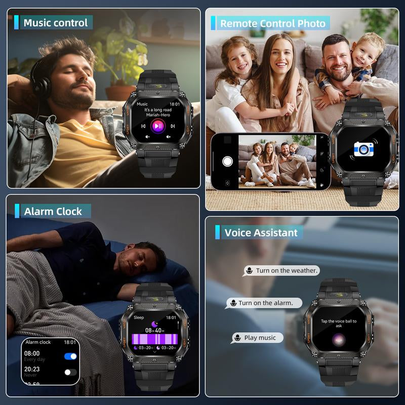 New 2026 Manly Style Smart Sports Watchwith Ledlights Wireless Calling, Messagereminders,Sports Mode, Voice Assistant,Weather Push,Stopwatch, Timer, Stopwatchand Otherfunctions, Smartwatch for Men,Compatiblewvith Android and Iphone Phones
