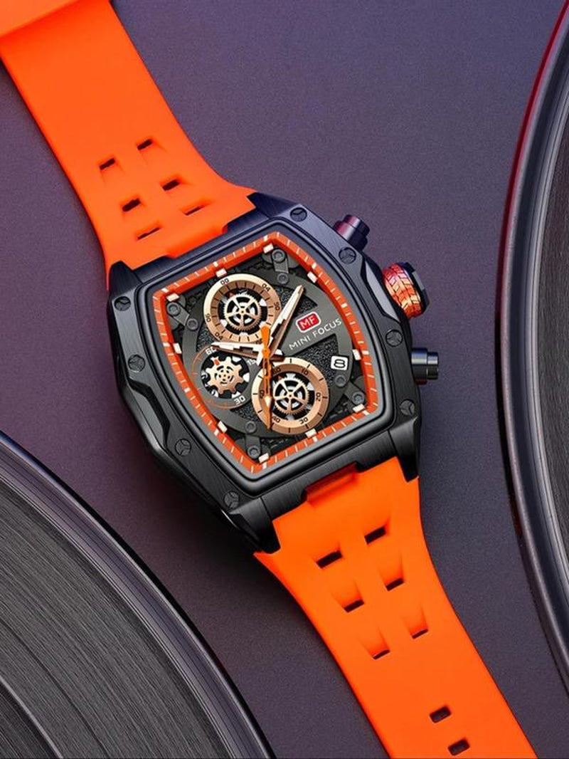 Men'S Sporty Barrel Shaped Quartz Watch, Modern Fashionable Wristwatch, Fashionable Luminous Waterproof Watch with Silicone Strap, Trendy Watch with Date Display Function for Daily Life, with Box