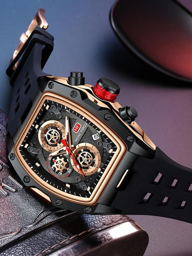 Men'S Sporty Barrel Shaped Quartz Watch, Modern Fashionable Wristwatch, Fashionable Luminous Waterproof Watch with Silicone Strap, Trendy Watch with Date Display Function for Daily Life, with Box