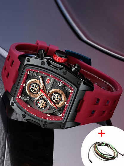 Men'S Sporty Barrel Shaped Quartz Watch, Modern Fashionable Wristwatch, Fashionable Luminous Waterproof Watch with Silicone Strap, Trendy Watch with Date Display Function for Daily Life, with Box