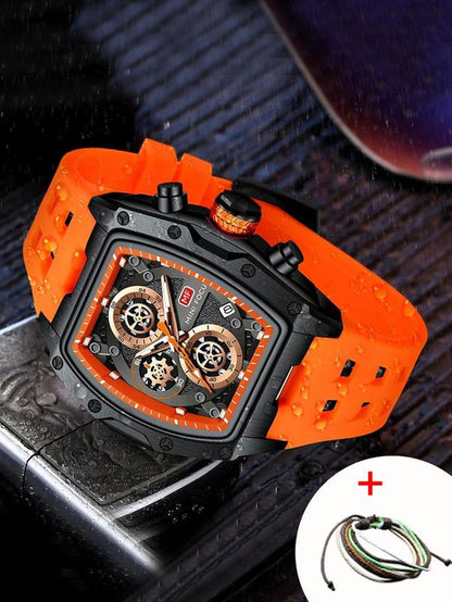 Men'S Sporty Barrel Shaped Quartz Watch, Modern Fashionable Wristwatch, Fashionable Luminous Waterproof Watch with Silicone Strap, Trendy Watch with Date Display Function for Daily Life, with Box