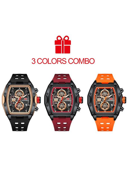 Men'S Sporty Barrel Shaped Quartz Watch, Modern Fashionable Wristwatch, Fashionable Luminous Waterproof Watch with Silicone Strap, Trendy Watch with Date Display Function for Daily Life, with Box