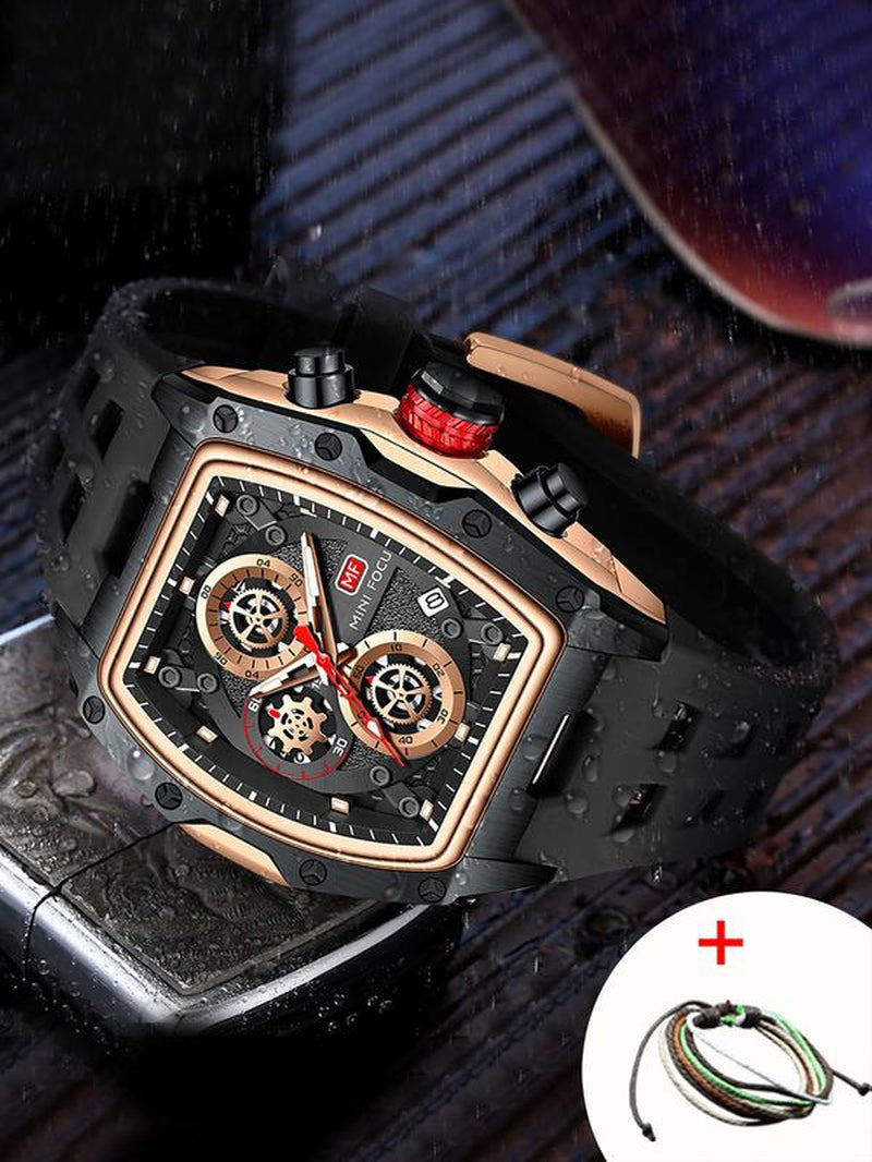 Men'S Sporty Barrel Shaped Quartz Watch, Modern Fashionable Wristwatch, Fashionable Luminous Waterproof Watch with Silicone Strap, Trendy Watch with Date Display Function for Daily Life, with Box