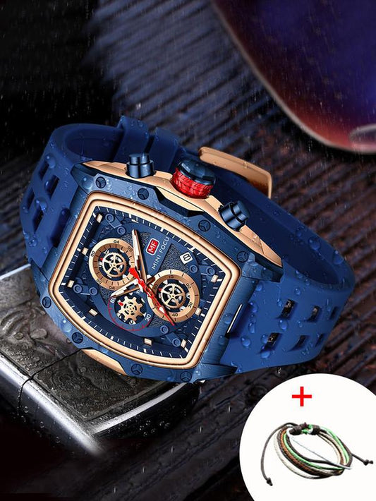 Men'S Sporty Barrel Shaped Quartz Watch, Modern Fashionable Wristwatch, Fashionable Luminous Waterproof Watch with Silicone Strap, Trendy Watch with Date Display Function for Daily Life, with Box